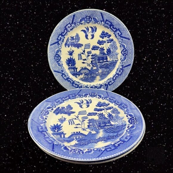 Vintage BLUE WILLOW Luncheon PLATE Set 3 Cobalt Blue Ceramic Japanese 9”W - Picture 7 of 10